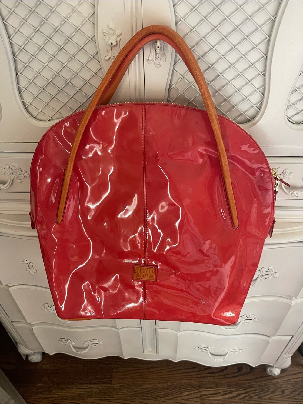 Stuart Weitzman Red Patent Tote Bag with Tan Handles